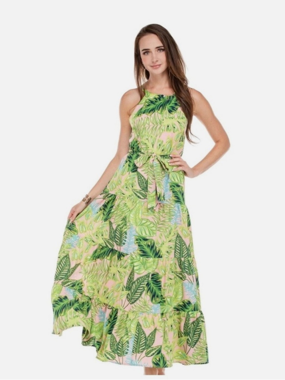 Jade by Melody Tam Tropical Green Leaf Halter Maxi Dress